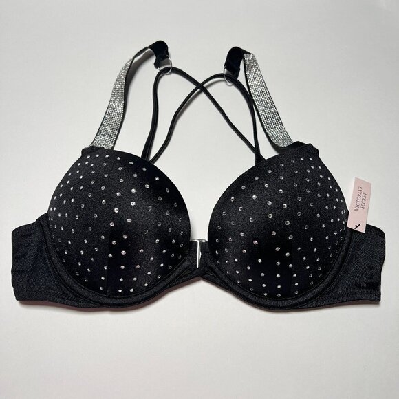 Victoria Secret 32B Bombshell Push Up Bikini Top Glam Cups Shine Strap Black - Picture 1 of 10